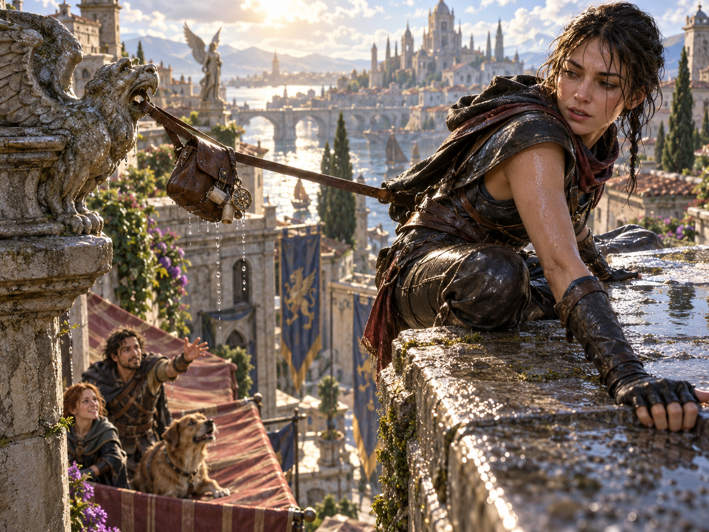 Illustration of an adventurer reaching a rooftop while her bag strap catches on a gargoyle and companions watch below