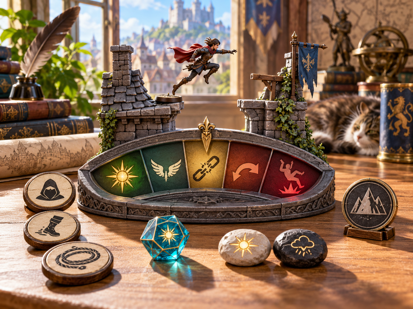 Illustration of a rooftop figurine above a coloured outcome panel with approach weather tokens and a die