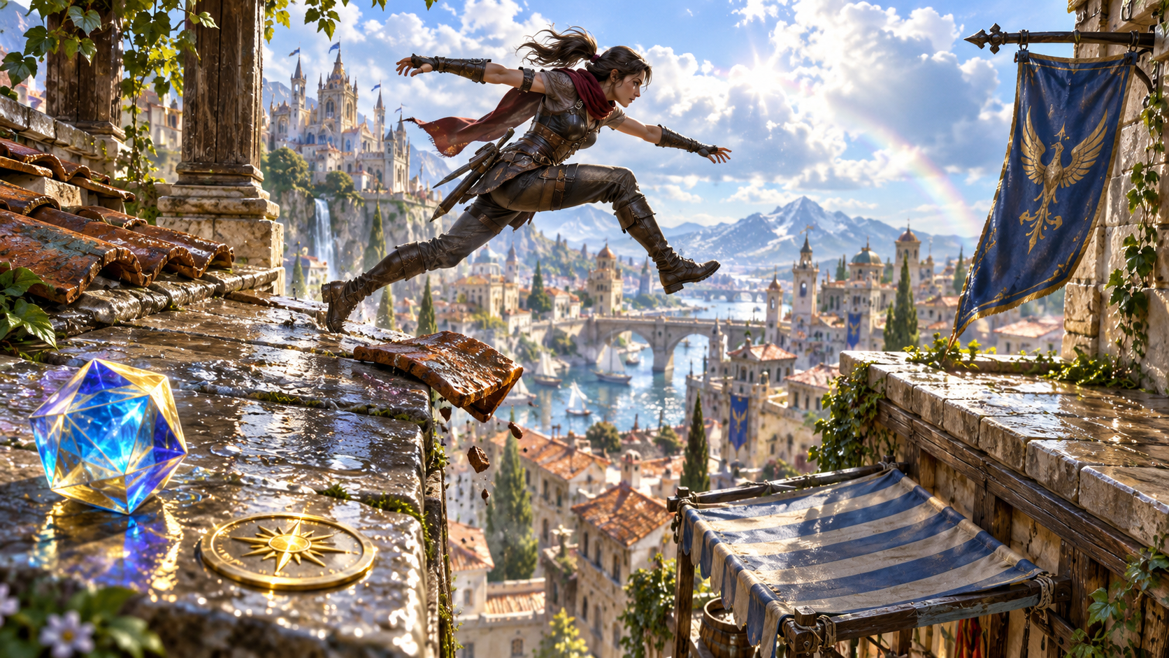 Illustration of an adventurer leaping across a wet rooftop gap