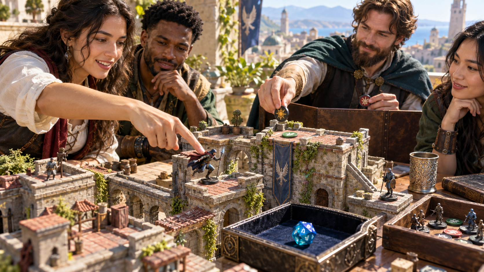 Illustration of players reviewing a rooftop model figurine outcome token and rolled die
